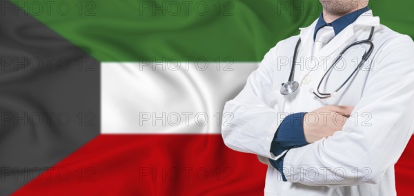 Kuwait healthcare concept. Male doctor on Kuwait flag. Doctor with crossed arms on Kuwait flag