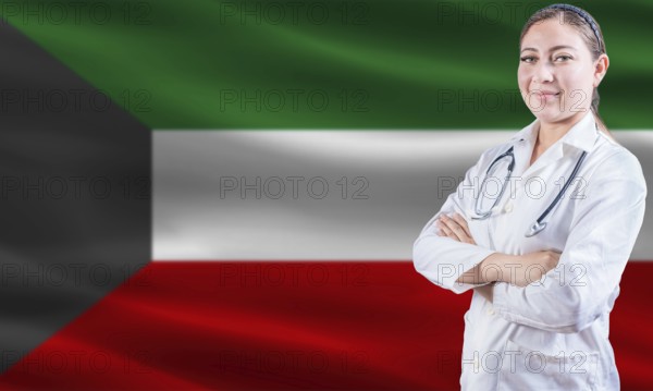 Female doctor on Kuwait flag. Doctor with crossed arms on Kuwait flag. Kuwait health and care concept
