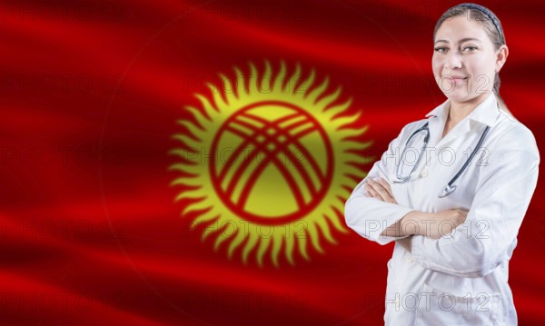 Female doctor on Kyrgyzstan flag. Doctor with crossed arms on Kyrgyzstan flag. Kyrgyzstan health and care concept