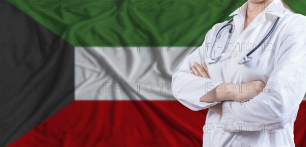 Doctor with crossed arms on Kuwait flag. Kuwait health and care concept. Female doctor on Kuwait flag