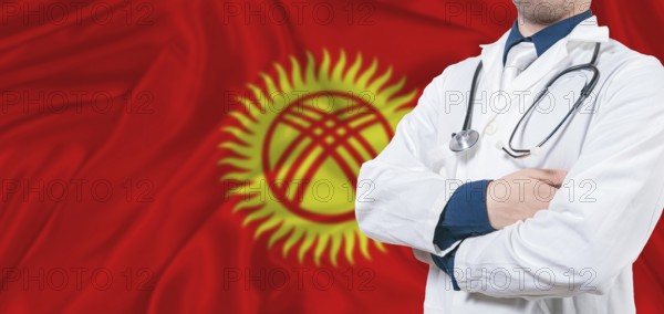 Kyrgyzstan healthcare concept. Male doctor on Kyrgyzstan flag. Doctor with crossed arms on Kyrgyzstan flag