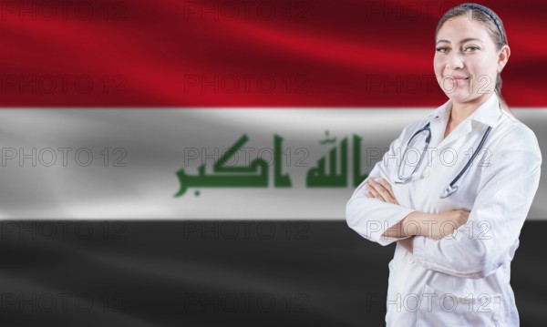 Female doctor on Iraq flag. Doctor with crossed arms on Iraq flag. Iraq health and care concept
