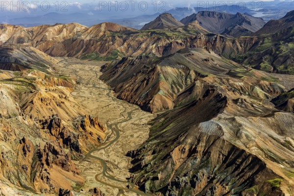 Mountain landscape, sunny, summer, river, riverbed, volcanic landscape, aerial view, Landmannalaugar, Fjallabak Nature Reserve, Icelandic Highlands, Iceland