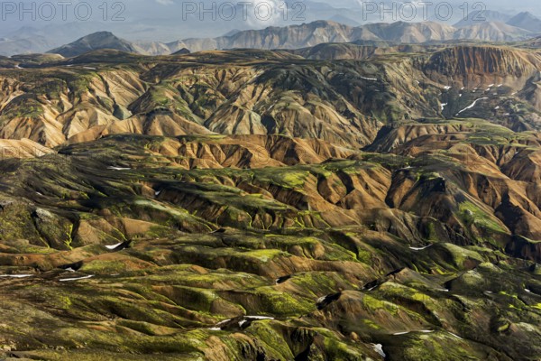 Mountain landscape, sunny, summer, volcanic landscape, aerial view, Landmannalaugar, Fjallabak Nature Reserve, Icelandic Highlands, Iceland