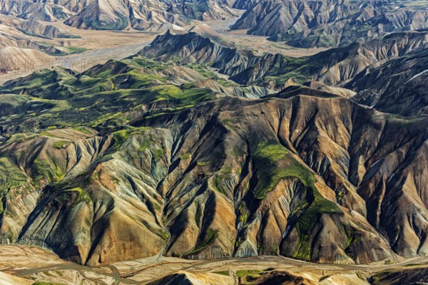Mountain landscape, sunny, summer, volcanic landscape, aerial view, Landmannalaugar, Fjallabak Nature Reserve, Icelandic Highlands, Iceland