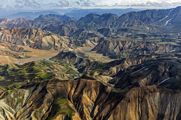 Mountain landscape, sunny, summer, volcanic landscape, aerial view, Landmannalaugar, Fjallabak Nature Reserve, Icelandic Highlands, Iceland