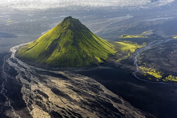 Mountain landscape, sunny, summer, volcanic landscape, river bed, river, aerial view, backlight, Maelifell volcano, Maelifellssandur, Icelandic Highlands, Iceland