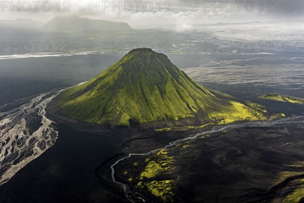 Mountain landscape, sunny, summer, volcanic landscape, river bed, river, aerial view, backlight, Maelifell volcano, Maelifellssandur, Icelandic Highlands, Iceland