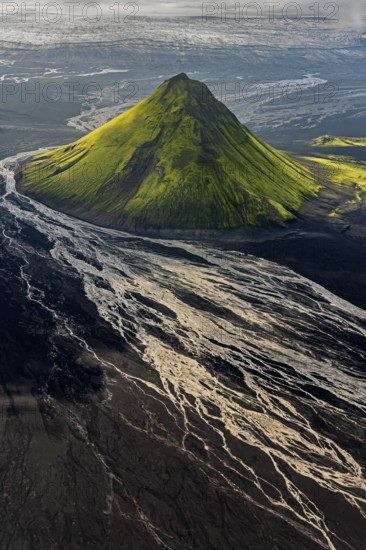 Mountain landscape, sunny, summer, volcanic landscape, river bed, river, aerial view, backlight, Maelifell volcano, Maelifellssandur, Icelandic Highlands, Iceland