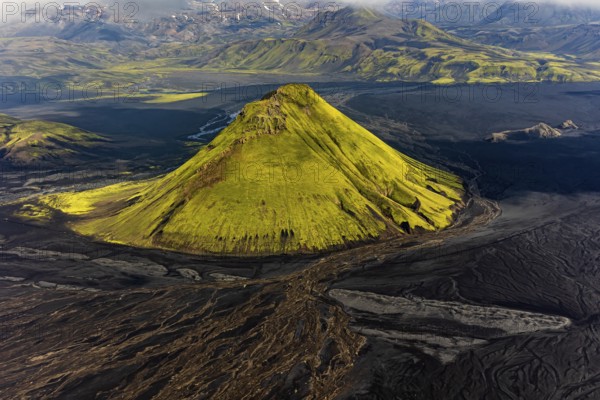 Mountain landscape, sunny, summer, volcanic landscape, river bed, river, aerial view, Maelifell volcano, Maelifellssandur, Icelandic Highlands, Iceland