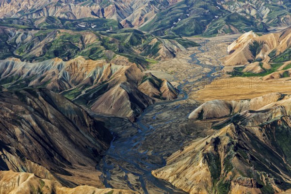 Mountain landscape, sunny, summer, river, riverbed, volcanic landscape, aerial view, Landmannalaugar, Fjallabak Nature Reserve, Icelandic Highlands, Iceland