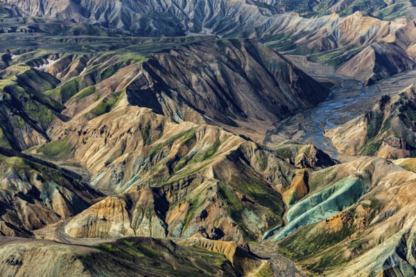 Mountain landscape, sunny, summer, ryolite rock (green), volcanic landscape, aerial view, Landmannalaugar, Fjallabak Nature Reserve, Icelandic Highlands, Iceland