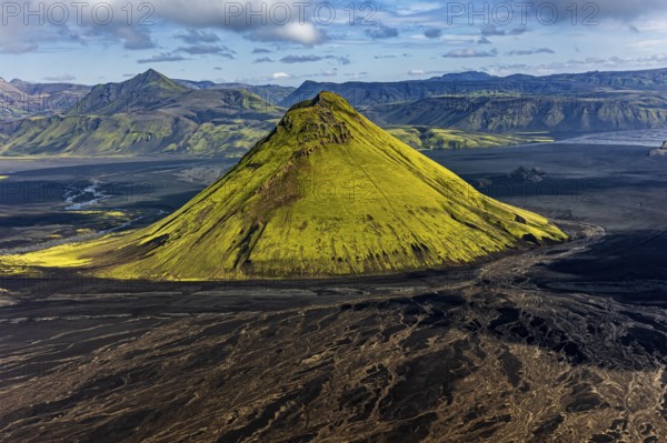 Mountain landscape, sunny, summer, volcanic landscape, river bed, river, aerial view, Maelifell volcano, Maelifellssandur, Icelandic Highlands, Iceland