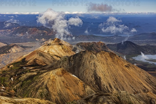 Mountain landscape, lake, river, sunny, summer, volcanic landscape, aerial view, Landmannalaugar, Fjallabak Nature Reserve, Icelandic Highlands, Iceland