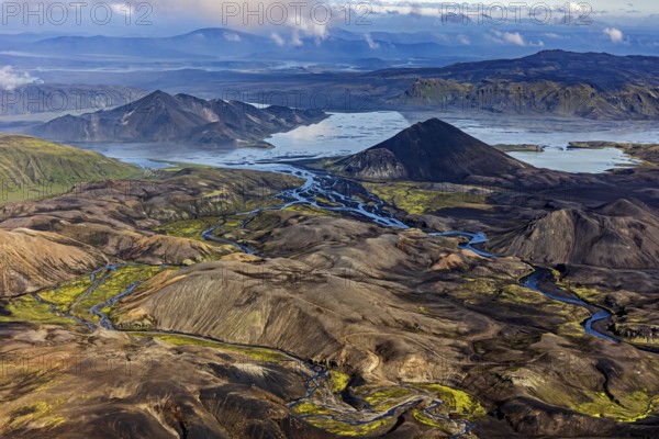 Mountain landscape, lake, river, sunny, summer, volcanic landscape, aerial view, Landmannalaugar, Fjallabak Nature Reserve, Icelandic Highlands, Iceland