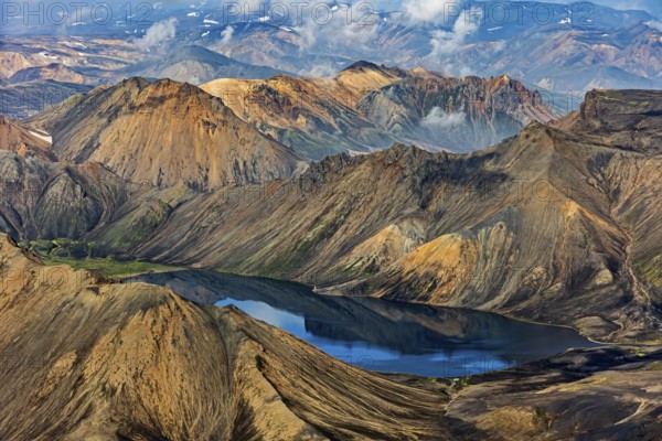Mountain landscape, lake, sunny, summer, volcanic landscape, aerial view, Landmannalaugar, Fjallabak Nature Reserve, Icelandic Highlands, Iceland