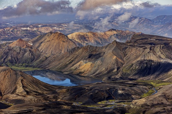 Mountain landscape, lake, river, sunny, summer, volcanic landscape, aerial view, Landmannalaugar, Fjallabak Nature Reserve, Icelandic Highlands, Iceland