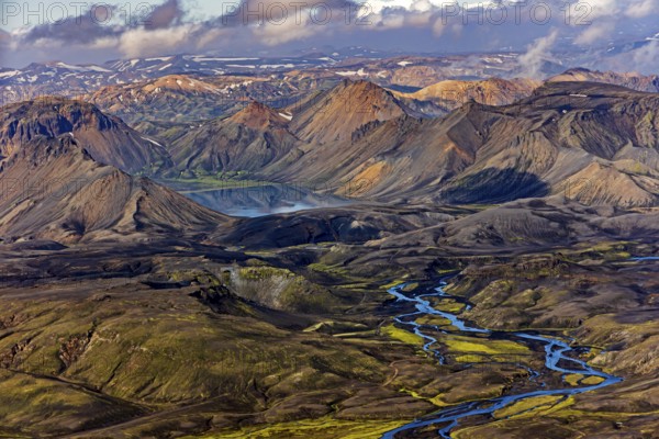 Mountain landscape, lake, river, sunny, summer, volcanic landscape, aerial view, Landmannalaugar, Fjallabak Nature Reserve, Icelandic Highlands, Iceland