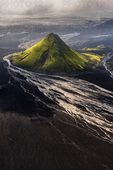 Mountain landscape, sunny, summer, volcanic landscape, river bed, river, aerial view, backlight, Maelifell volcano, Maelifellssandur, Icelandic Highlands, Iceland