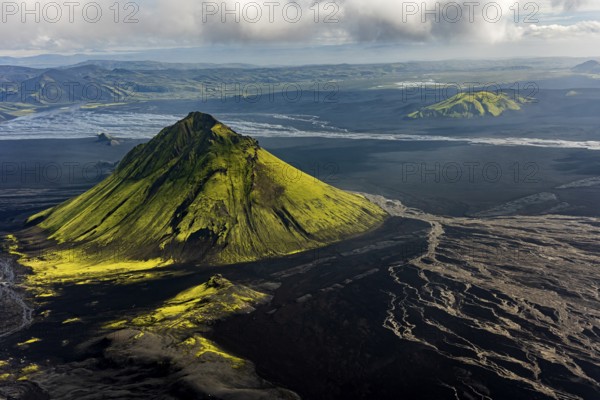 Mountain landscape, sunny, summer, volcanic landscape, river bed, river, aerial view, Maelifell volcano, Maelifellssandur, Icelandic Highlands, Iceland