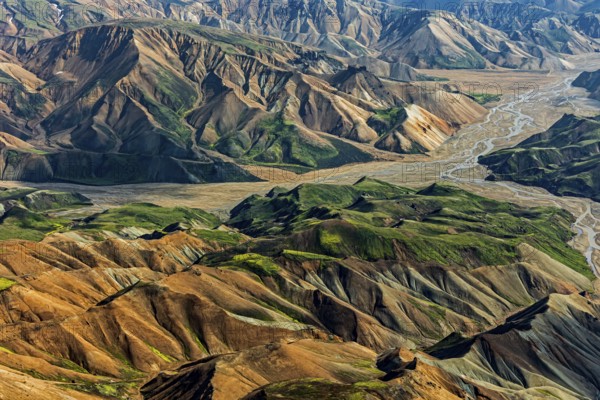 Mountain landscape, sunny, river, summer, volcanic landscape, aerial view, Landmannalaugar, Fjallabak Nature Reserve, Icelandic Highlands, Iceland