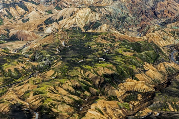 Mountain landscape, sunny, summer, volcanic landscape, aerial view, Landmannalaugar, Fjallabak Nature Reserve, Icelandic Highlands, Iceland