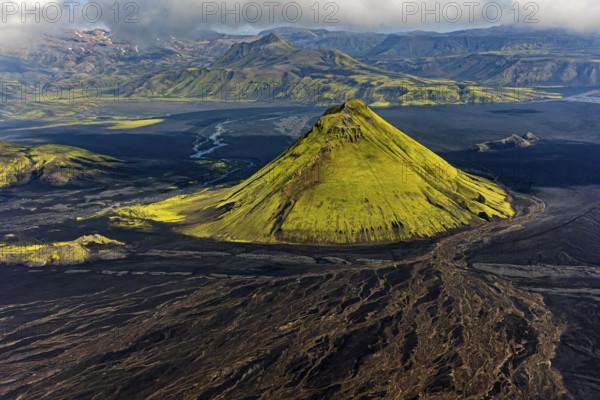 Mountain landscape, sunny, summer, volcanic landscape, river bed, river, aerial view, Maelifell volcano, Maelifellssandur, Icelandic Highlands, Iceland