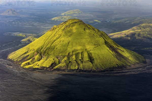 Mountain landscape, sunny, summer, volcanic landscape, aerial view, Maelifell volcano, Maelifellssandur, Icelandic Highlands, Iceland