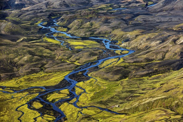 Mountain landscape, river, sunny, summer, volcanic landscape, aerial view, Landmannalaugar, Fjallabak Nature Reserve, Icelandic Highlands, Iceland