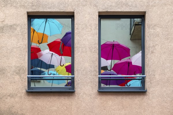 Window coloured umbrellas, Interlaken, Switzerland