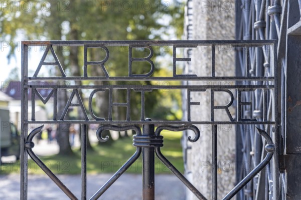 Tor tor at Dachau concentration camp with inscription Arbeit macht frei, Dachau Concentration Camp Memorial, Bavaria, Germany