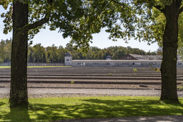 Foundations of the prisoners' barracks and watchtower, Dachau Concentration Camp Memorial, Bavaria, Germany