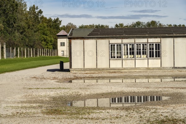 Appellplatz, barracks and watchtower of the Dachau Concentration Camp Memorial, Bavaria, Germany