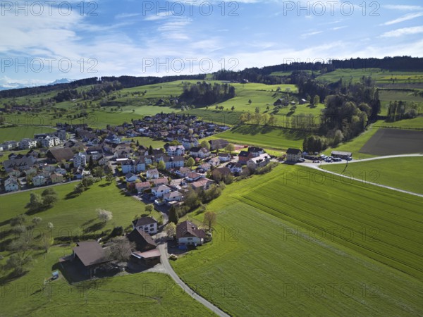 View of the village, behind the Rigi and the snow-covered Alps, Beinwil, Freiamt, Canton, Aargau, Switzerland