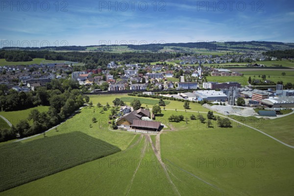 View of the village with the catholic parish church Mariä Geburt, on the right the industrial area, behind the Lindenberg, Sins, Freiamt, Canton, Aargau, Switzerland
