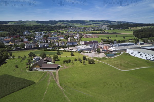 View of the village with the catholic parish church Mariä Geburt, on the right the industrial area, behind the Lindenberg, Sins, Freiamt, Canton, Aargau, Switzerland