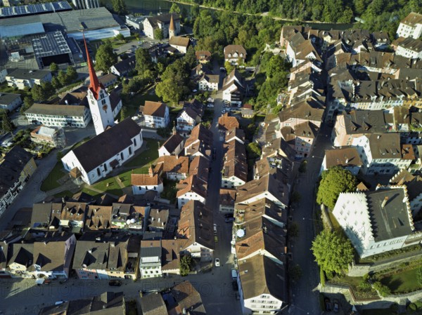 Old town with the Catholic Church of St Nicholas from above, Bremgarten, Freiamt, Canton, Aargau, Switzerland