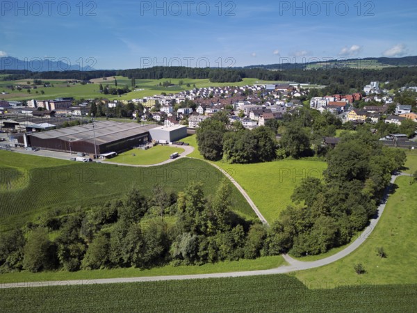 View of the village, industrial area on the left, Sins, Freiamt, Canton, Aargau, Switzerland