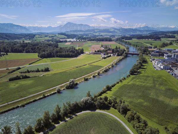 River Reuss, on the right the industrial area, behind the old wooden bridge and the Pilatus, Sins, Freiamt, Canton, Aargau, Switzerland
