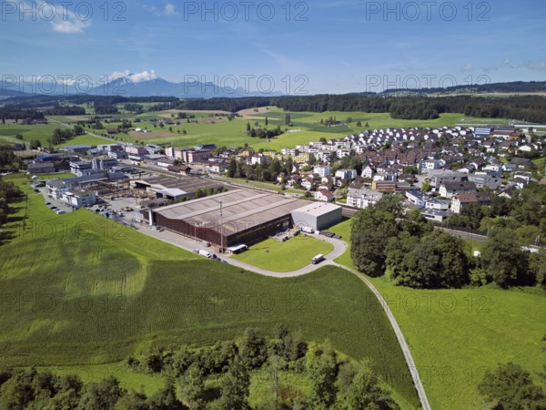 View of the village, industrial area on the left, Sins, Freiamt, Canton, Aargau, Switzerland