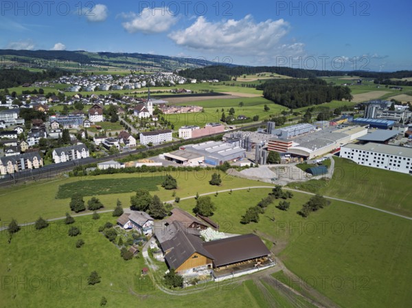 View of the village with the catholic parish church Mariä Geburt, on the right the industrial area, Sins, Freiamt, Canton, Aargau, Switzerland