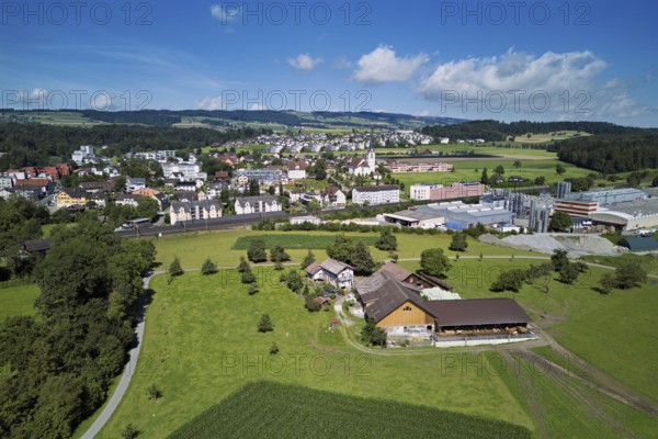 View of the village with the catholic parish church Mariä Geburt, on the right the industrial area, Sins, Freiamt, Canton, Aargau, Switzerland