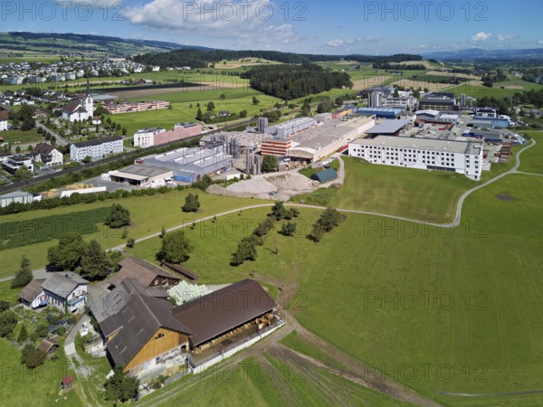 View of the village with the catholic parish church Mariä Geburt, on the right the industrial area, Sins, Freiamt, Canton, Aargau, Switzerland