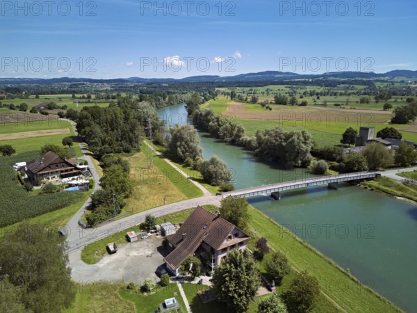 Bridge over the river Reuss, behind the nature reserve Reussspitz, Mühlau, Freiamt, Canton, Aargau, Switzerland