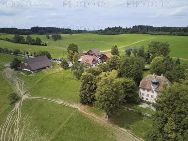Horben viewpoint with castle and restaurant, Beinwil, Freiamt, Canton, Aargau, Switzerland