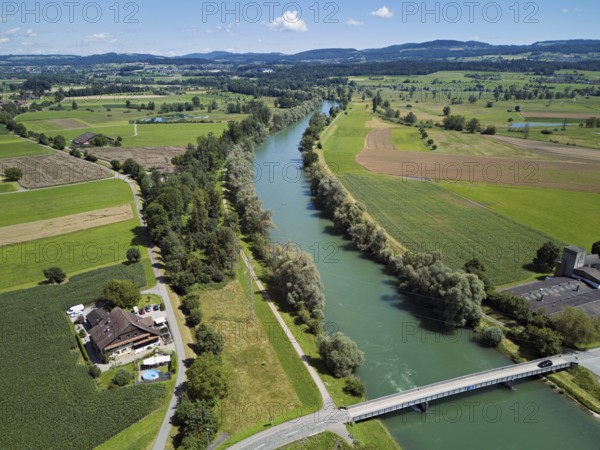 Bridge over the river Reuss, behind the nature reserve Reussspitz, Mühlau, Freiamt, Canton, Aargau, Switzerland