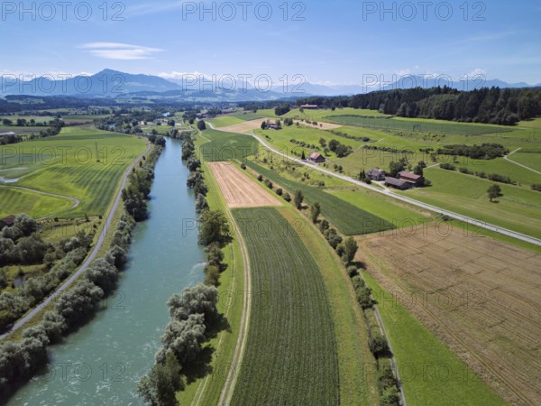 Cultural landscape to the left and right of the river Reuss, Rigi and Pilatus in the background, Mühlau, Freiamt, Canton, Aargau, Switzerland