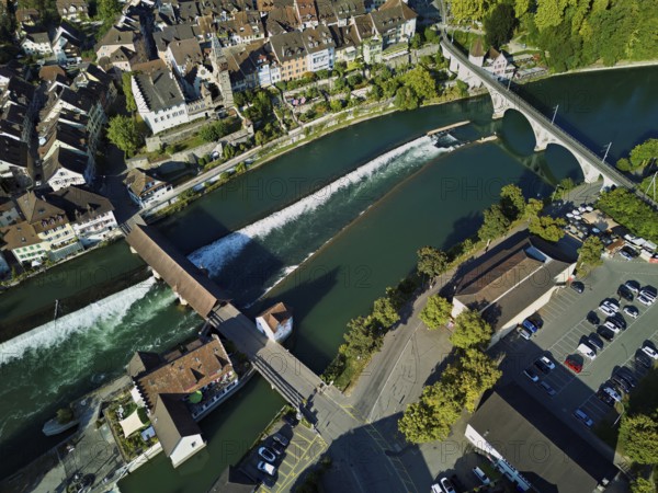 Old town with the weir from above on the river Reuss, Bremgarten, Freiamt, Canton, Aargau, Switzerland