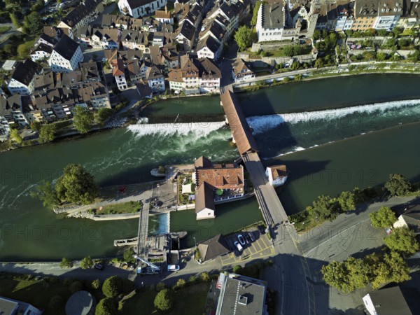 Old town with the weir from above on the river Reuss, Bremgarten, Freiamt, Canton, Aargau, Switzerland