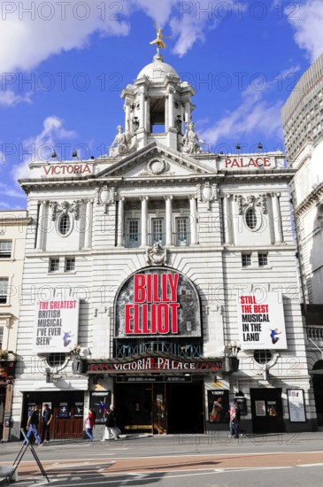 Historic theatre building with striking entrance and architectural details, London, England, United Kingdom